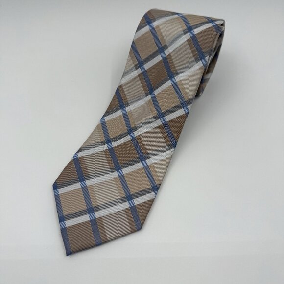Geoffrey Beene Men’s Silk Blend Necktie Brown Blue Plaid 3.25” x 60” Handmade - Picture 1 of 6